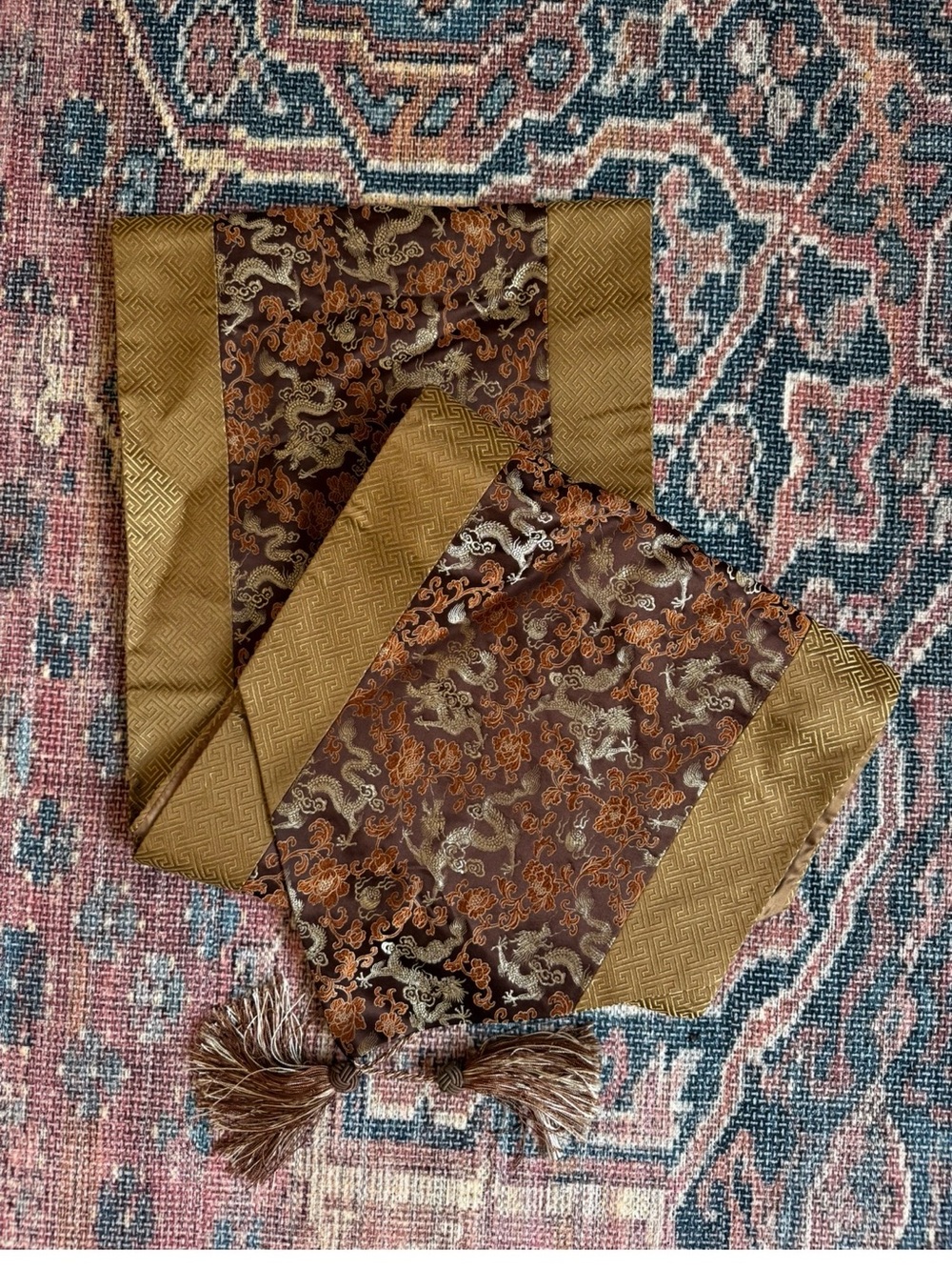 100% silk Gold Brocade Decorative Runner with Tassels